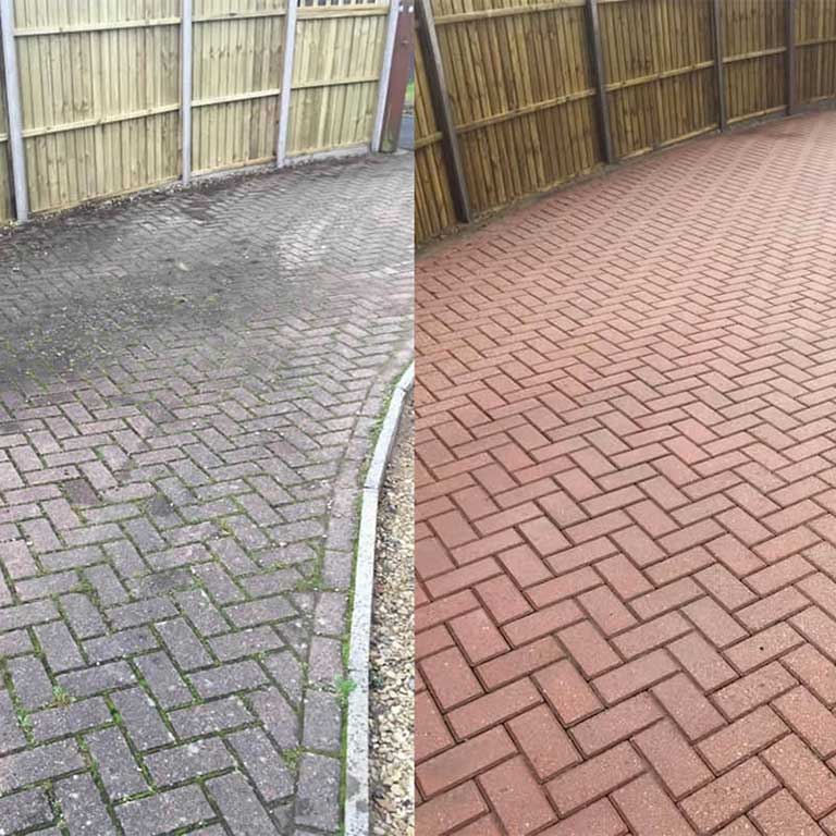 Images showing a driveway before/after being professionally cleaned.