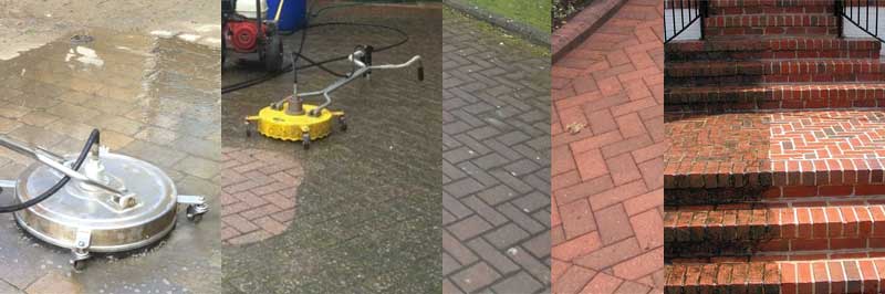 A montage of images showing paving stones/brick being professionally cleaned.