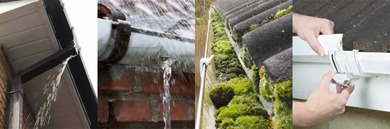 A montage of images featuring blocked or broken gutters.