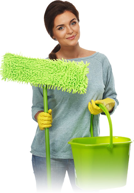 A woman holding a mop and a bucket.