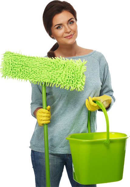 A woman holding a mop and a bucket.