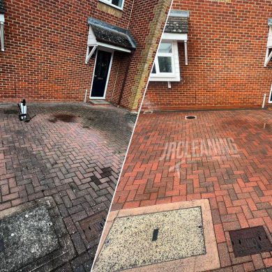 Before / after pictures of driveway cleaned by J R Cleaning.