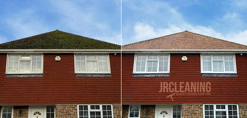 Before / after pictures of a roof professionally cleaned by J R Cleaning.